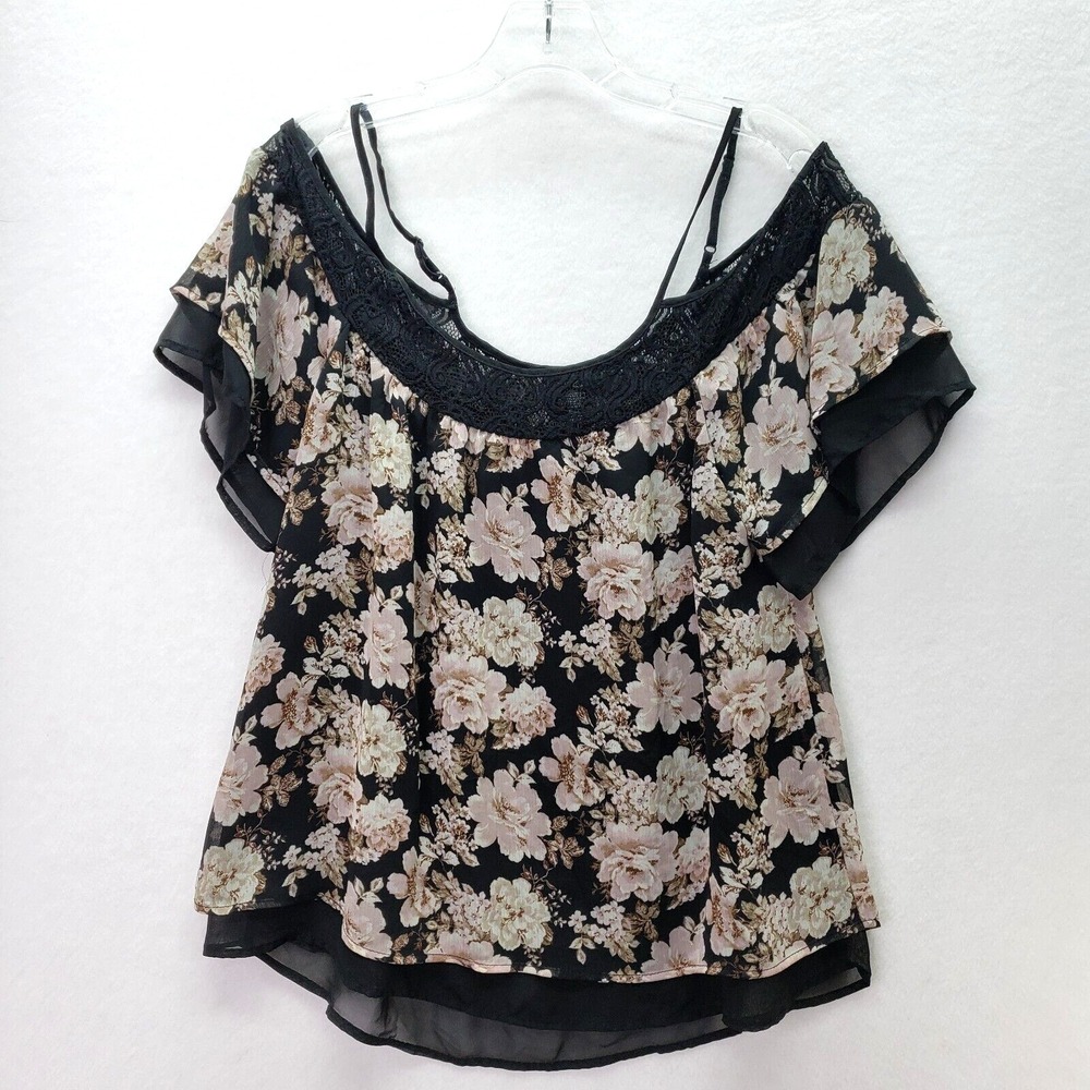 Rue21 Blouse Womens Small Black Floral‎ Off Shoulder Lace Trim Retro Y2K Preppy